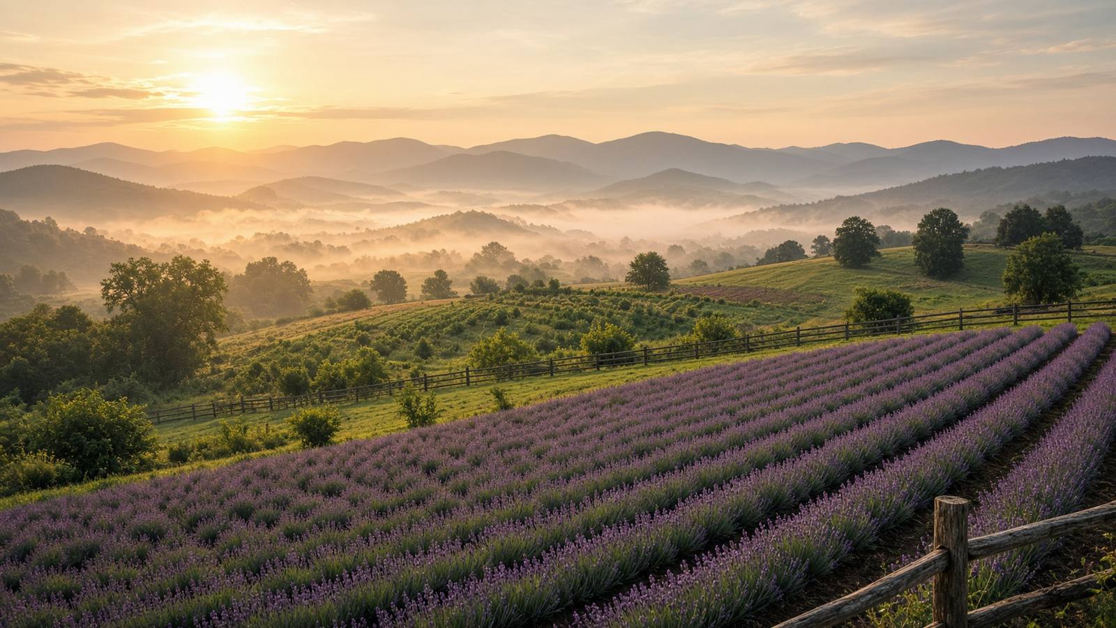 Illustration of lavender rows and pasture on rolling hills at sunrise